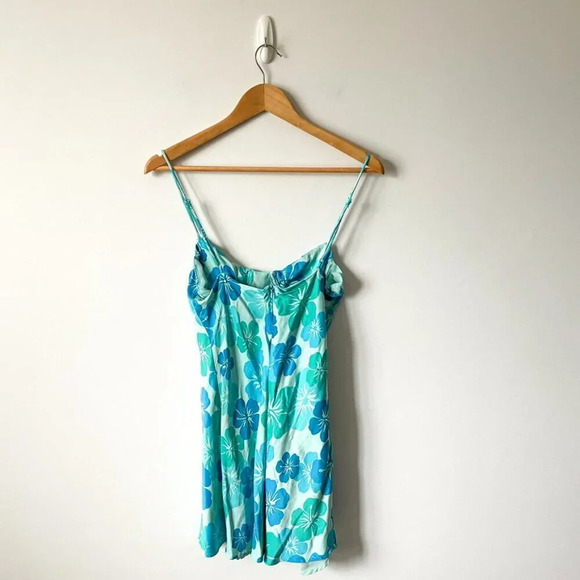 Zara Aloha Hawaiian Floral Satin Effect Bustier Mini Dress Blue Teal Size Medium - Picture 11 of 14